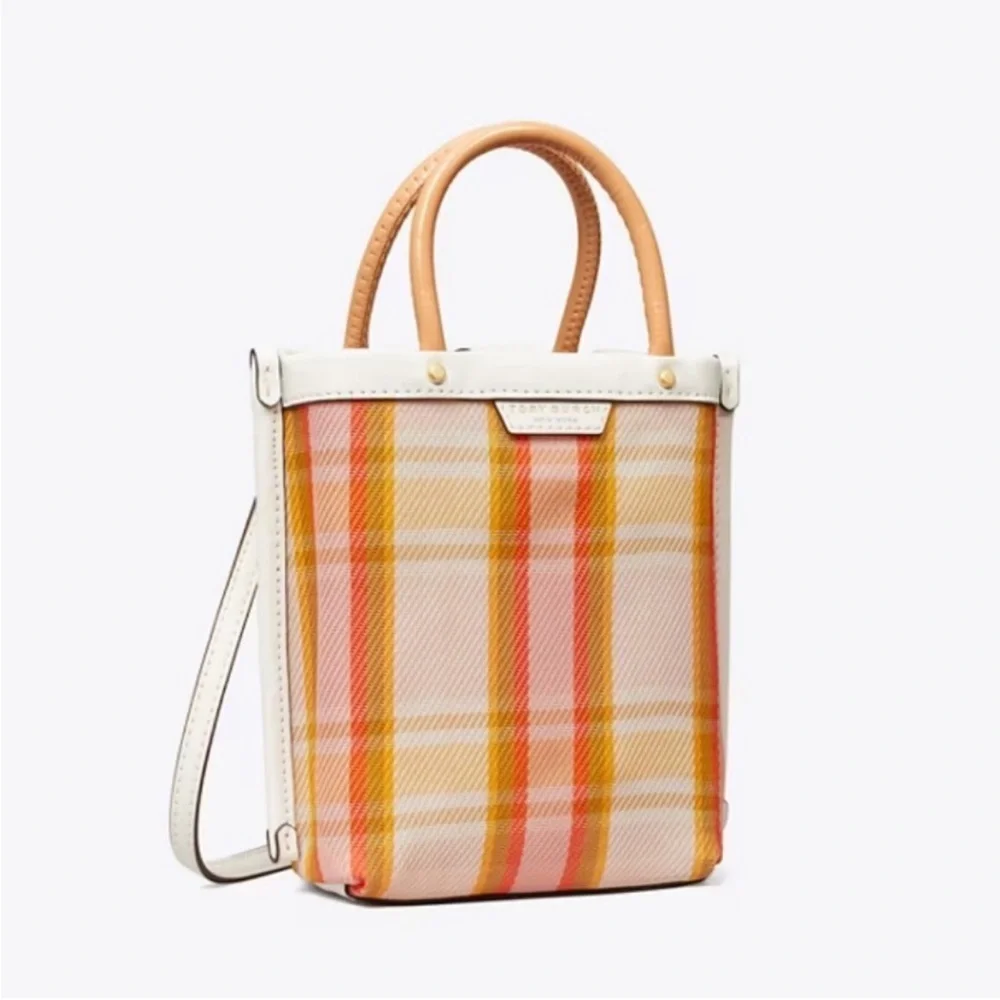 Tory Burch Mini Perry Mesh Tote Canyon Flower Plaid White Pink Tan Yellow Gold